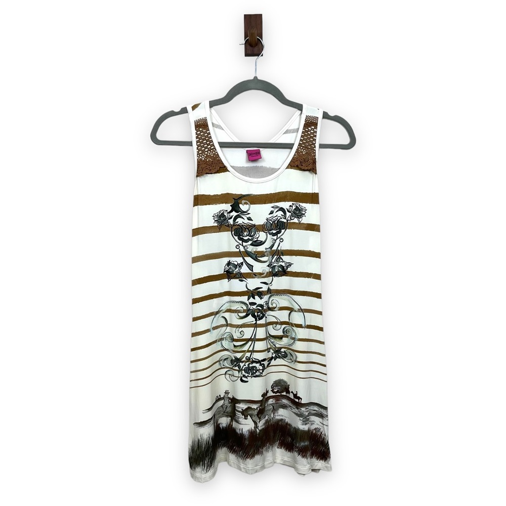 Save The Queen Viscose Striped Western Print Lace Mini Bodycon Dress Medium